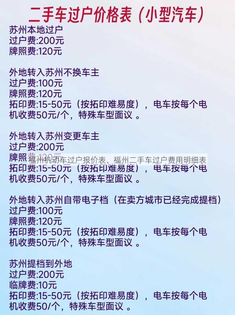 福州机动车过户报价表、福州二手车过户费用明细表