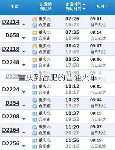 重庆到合肥的普通火车