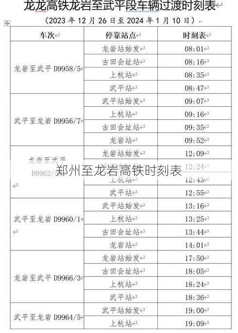 郑州至龙岩高铁时刻表