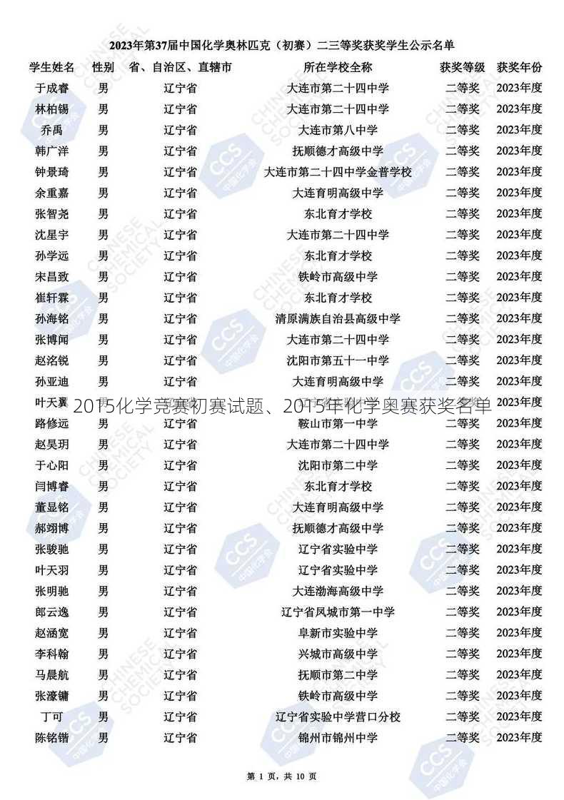 2015化学竞赛初赛试题、2015年化学奥赛获奖名单